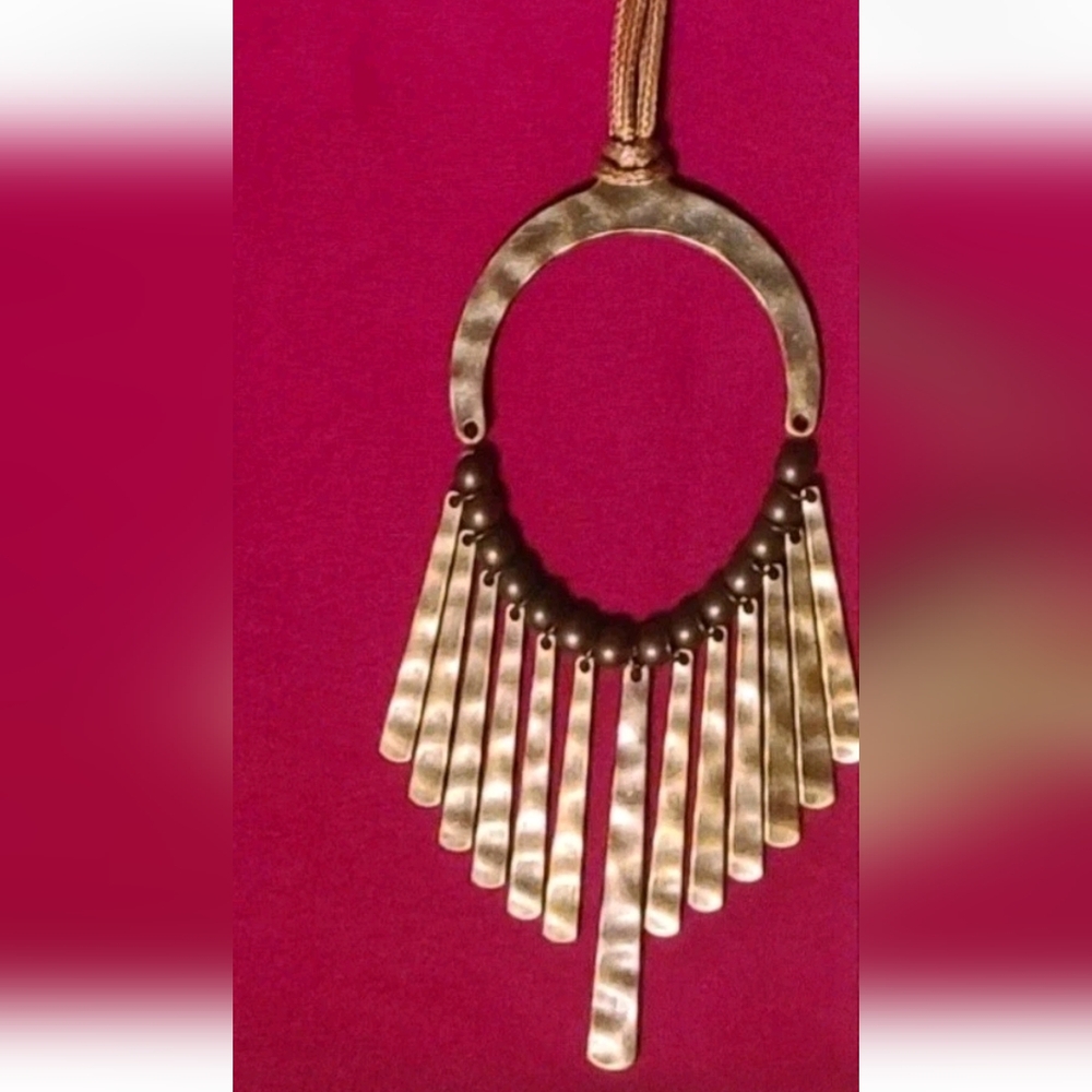 You Wouldn’t Flare! Long Brass Hammered Fringe Pendant Necklace with Earring Set